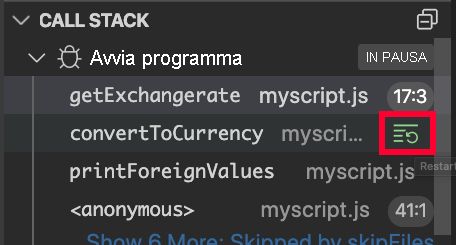 Screenshot of the Restart frame button in the Visual Studio Code call stack panel.