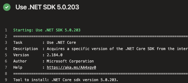 Screenshot do Azure Pipelines con l'attività di .NET SDK in esecuzione nella pipeline.