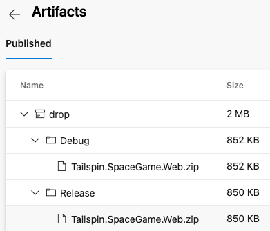 Screenshot di Azure Pipelines con l'applicazione in pacchetto per le configurazioni Debug e Release.