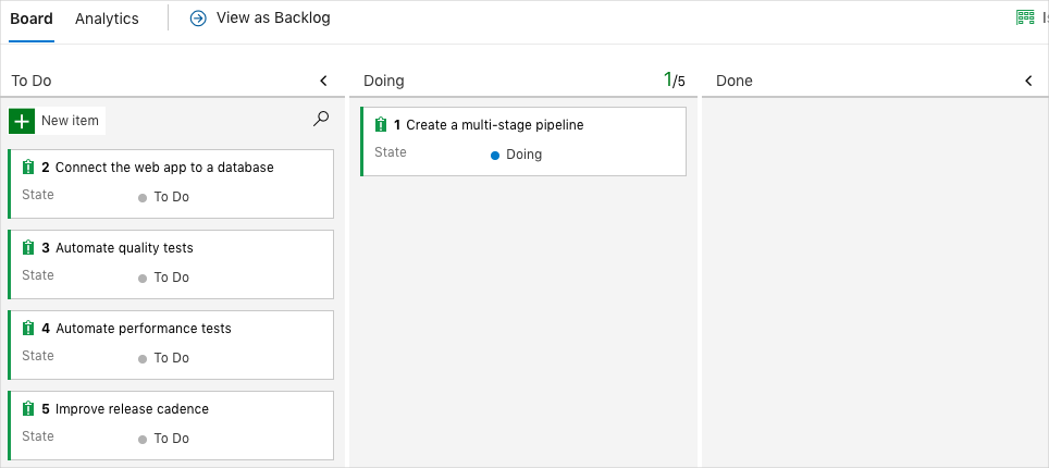 A screenshot of Azure Boards showing the card in the Doing column.