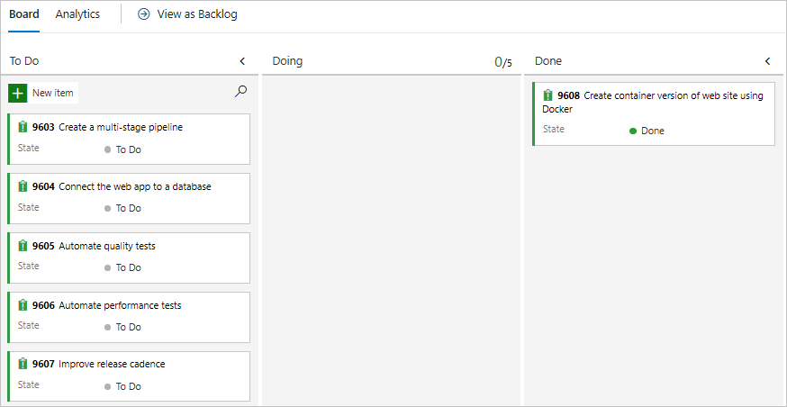 Screenshot of Azure Boards, showing the card in the Done column.