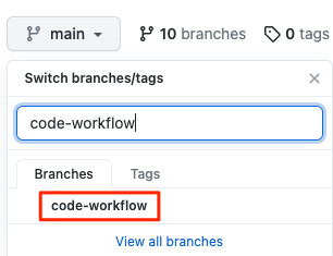 Screenshot of GitHub showing how to select the branch from the drop-down menu.