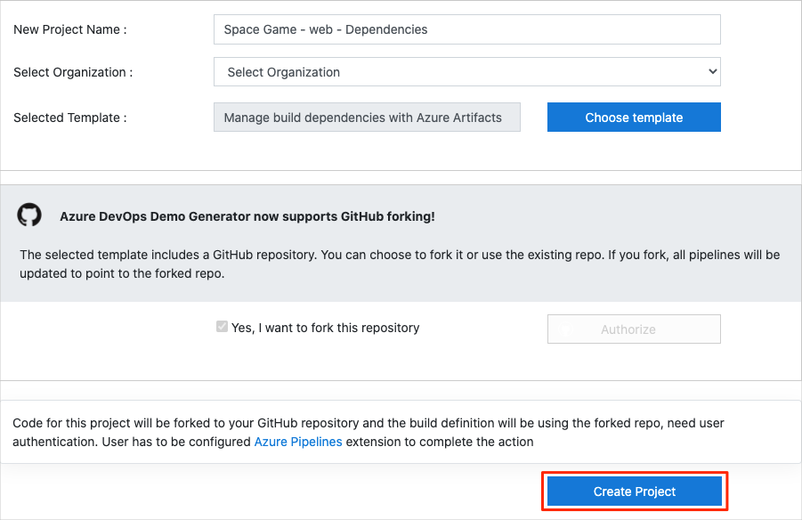 Screenshot del generatore di demo di Azure DevOps che mostra come creare un nuovo progetto.