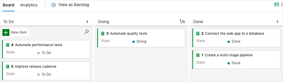 A screenshot of Azure Boards, showing the card in the Doing column.