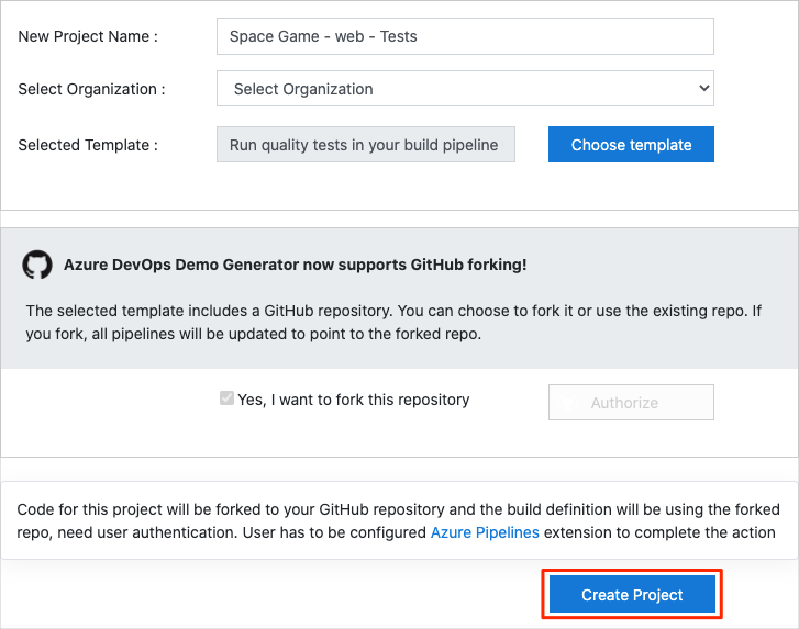 Screenshot della schermata Crea nuovo progetto di Demo Generator di Azure DevOps con il pulsante Crea progetto evidenziato.