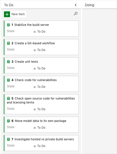 Screenshot di Azure Boards con indicato un backlog di problemi.