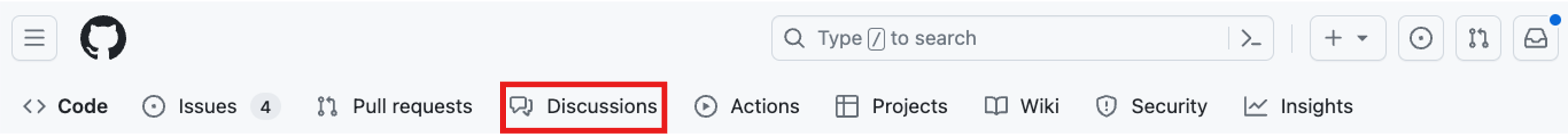 Screenshot della parte superiore della pagina principale di un repository con la sezione Discussions evidenziata.