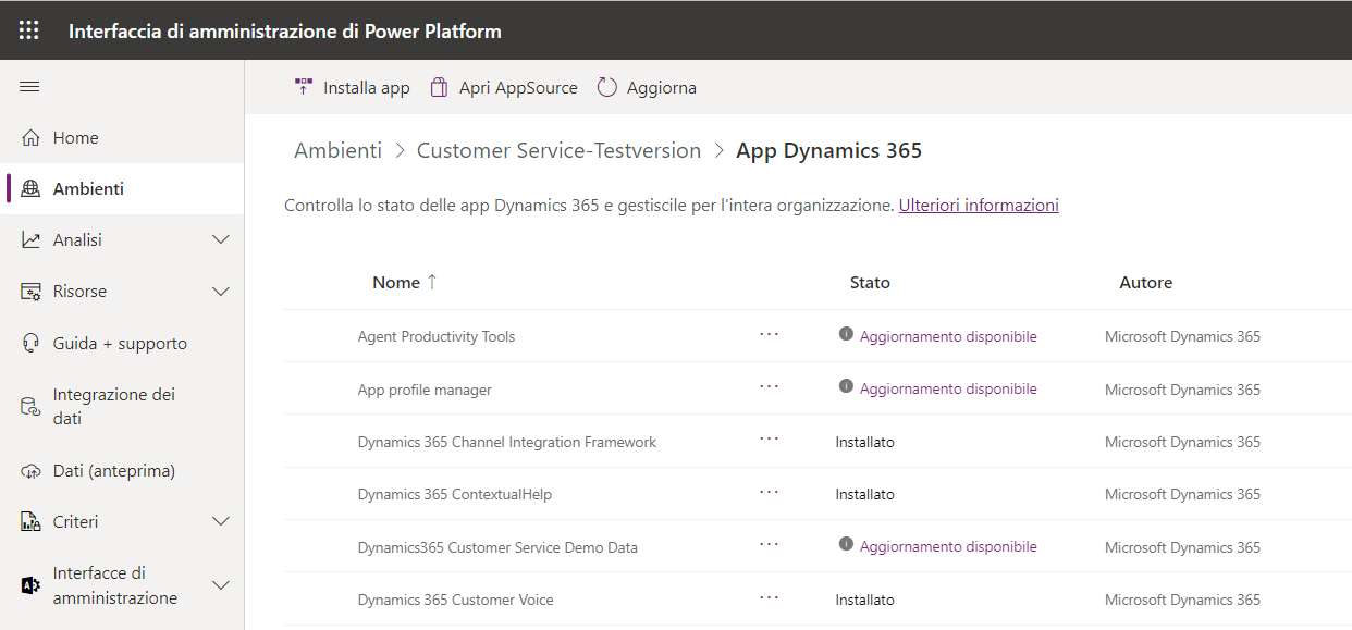 Screenshot della vista dell'ambiente che mostra le app Dynamics 365 installate.