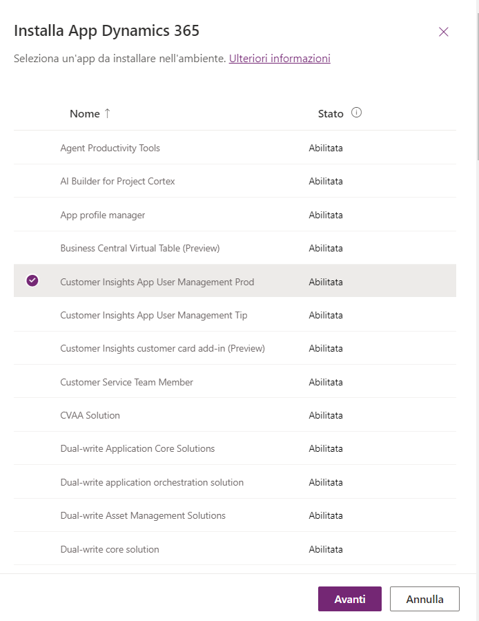 Screenshot della schermata Installa app Dynamics 365, che mostra un'app abilitata selezionata e il pulsante Avanti.