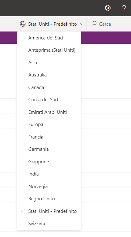 Screenshot del selettore di regione, che mostra Stati Uniti - Predefinito selezionato.