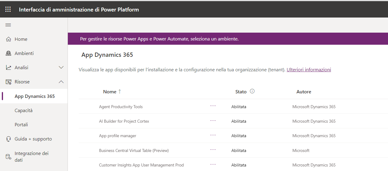 Screenshot della vista del nuovo tenant nell'interfaccia di amministrazione di Microsoft Power Platform.