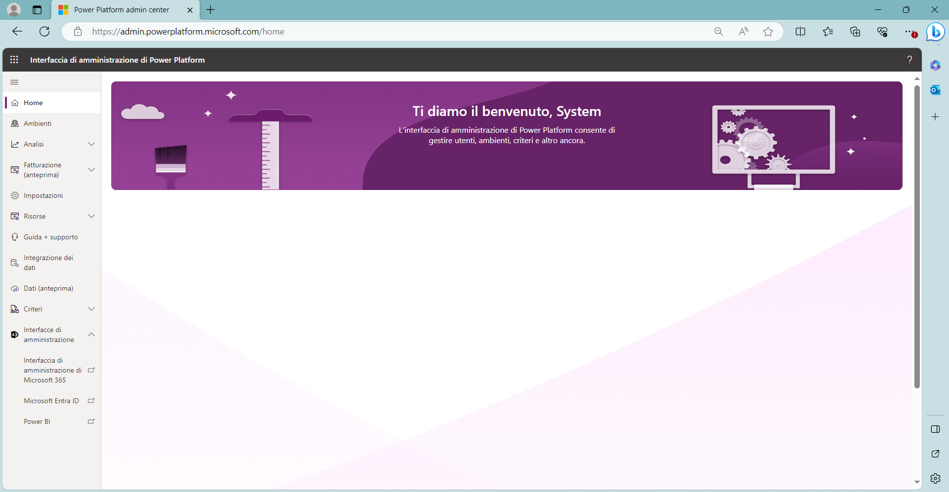 Pagina di apertura dell'interfaccia di amministrazione di Power Platform.
