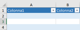 Screenshot del file di Excel che mostra la tabella inserita con le colonne Column1 e Column2 ordinabili.