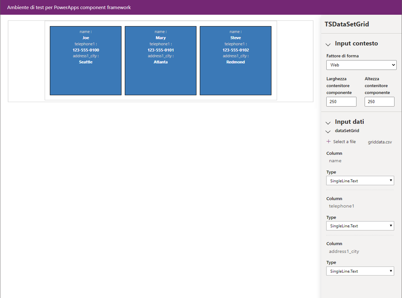 Screenshot del CSV correttamente caricato con i record del componente visualizzati.