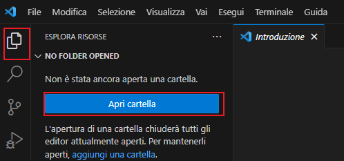 Screenshot del pulsante Apri cartella di Visual Studio Code.