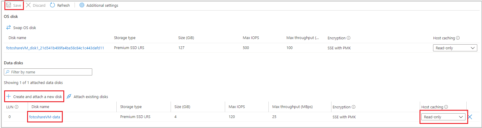 Screenshot of our OS and data disks, both set to Read-only caching.