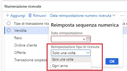 Screenshot della griglia di numerazione ricevuta in Dynamics 365 Commerce.