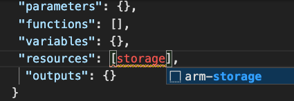 Frammento di archiviazione di Azure Resource Manager di Visual Studio Code visualizzato sotto la parola storage digitata.