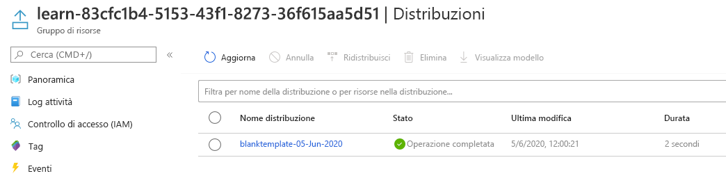 Interfaccia del portale di Azure per le distribuzioni con una distribuzione completata.