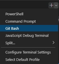 Screenshot della finestra del terminale di Visual Studio Code che mostra il menu a discesa per la selezione della shell.