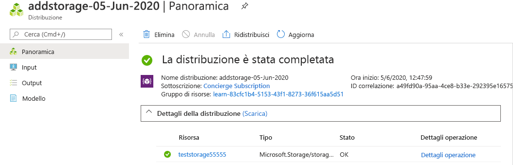 Screenshot dell'interfaccia del portale di Azure per la distribuzione specifica con una risorsa elencata.