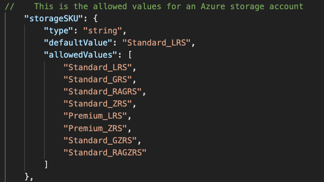 Screenshot del file azuredeploy.json che visualizza il commento 