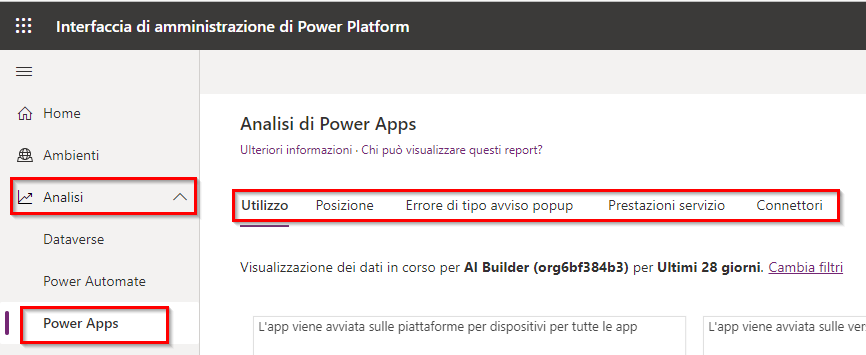 Screenshot del dashboard Analisi di Power Apps con le voci Analisi e Power Apps evidenziate nel menu a sinistra e le schede di un report evidenziate nel dashboard.