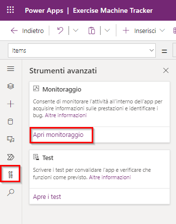 Screenshot dell'avvio di Monitoraggio da un'app canvas.