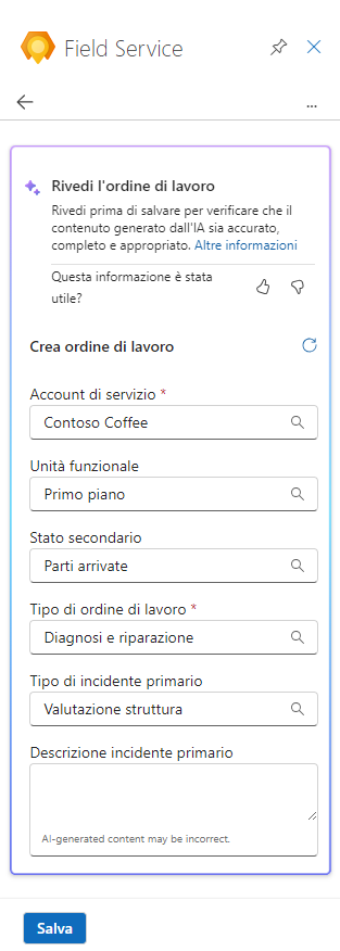 Screenshot dell'ordine di lavoro creato da Copilot in Field Service per la revisione.