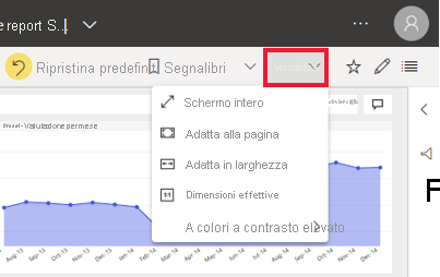 Screenshot delle opzioni del menu Visualizzazione di Power BI.