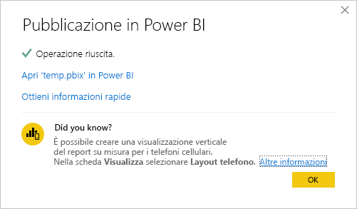 Screenshot del messaggio che conferma la corretta pubblicazione in Power BI.