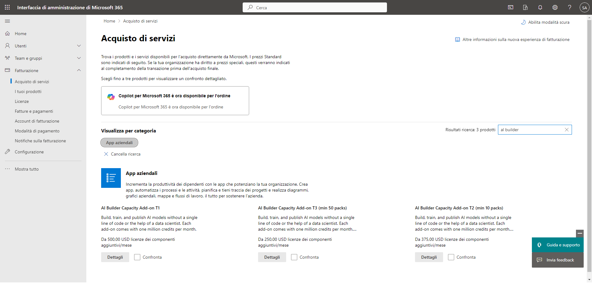 Screenshot dell'interfaccia di amministrazione di Microsoft 365 aperta con la scheda Fatturazione nella pagina Acquisto di servizi. Il componente aggiuntivo AI Builder Capacity è visualizzato sotto App aziendali.