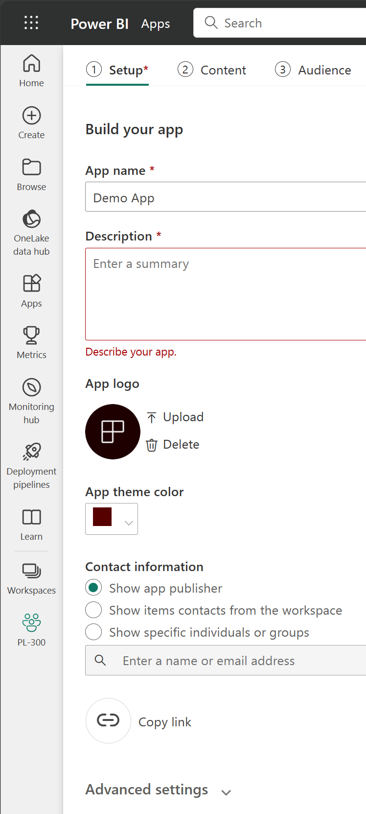 Screenshot della configurazione dell'app in un'area di lavoro di Power BI.