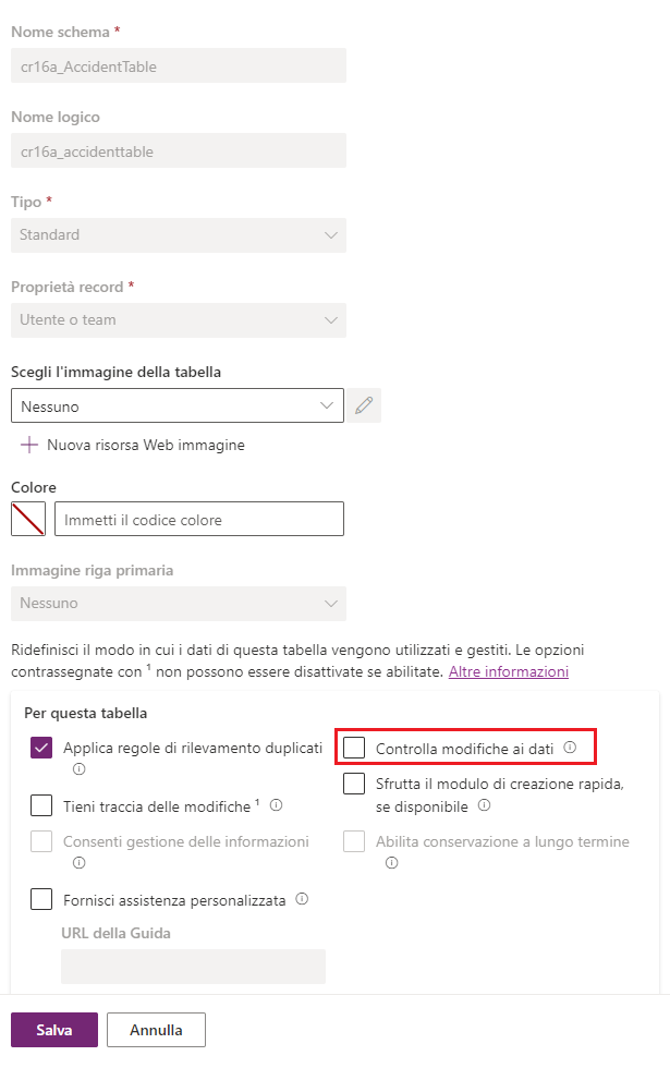 Screenshot del riquadro Modifica proprietà tabella che mostra le opzioni avanzate e il controllo delle modifiche ai relativi dati evidenziate.