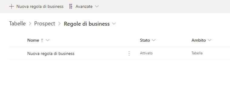 Screenshot del grafico Regole di business con la nuova regola Make Probability Required. Il nome della tabella Prospect è evidenziato.