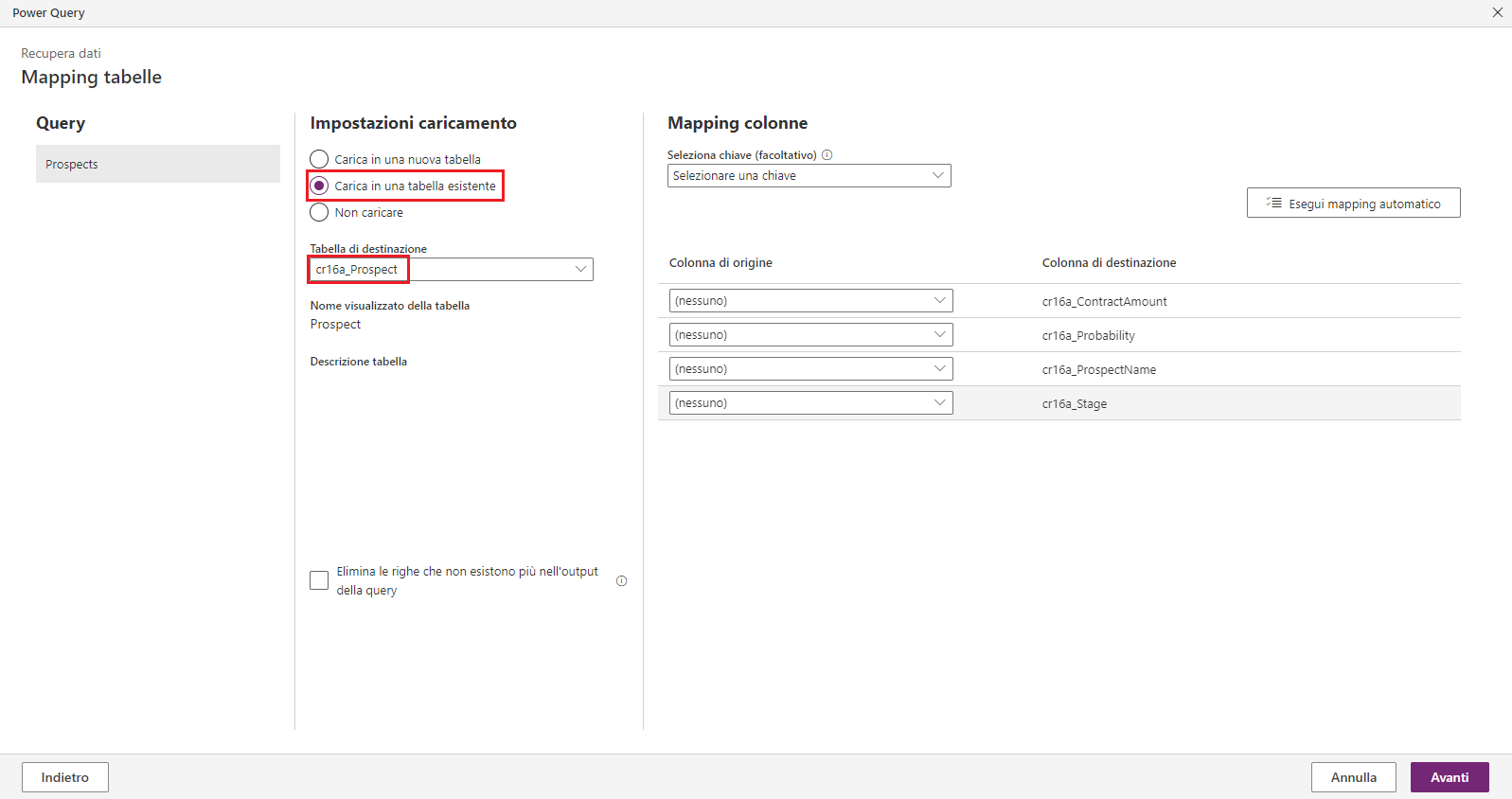 Screenshot della finestra di Power Query che mostra le impostazioni di caricamento e il mapping delle colonne con l'opzione Carica in tabella esistente.