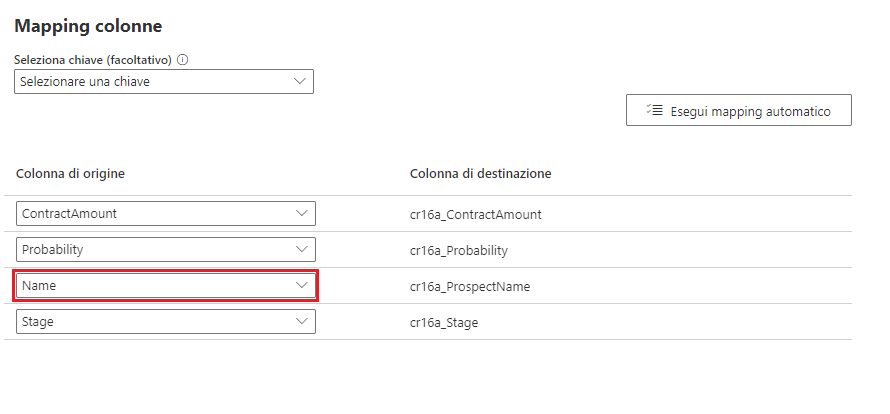 Screenshot della finestra di Power Query che mostra le impostazioni di caricamento e il mapping delle colonne con l'opzione Carica in tabella esistente e le colonne associate.