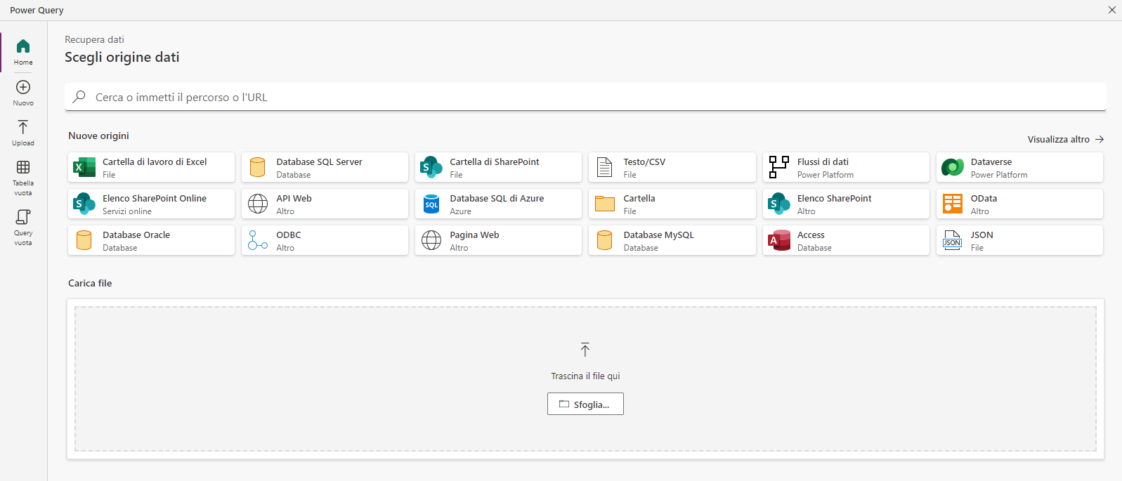 Screenshot della finestra Power Query Scegli origine dati che mostra le varie opzioni per connettersi ai dati.