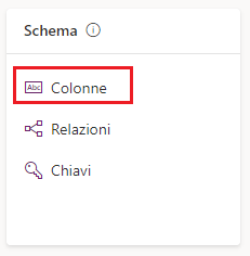 Screenshot del riquadro Schema con l'opzione Colonne evidenziate.