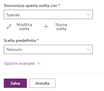 Screenshot di Sincronizza questa scelta con e Species selezionate.