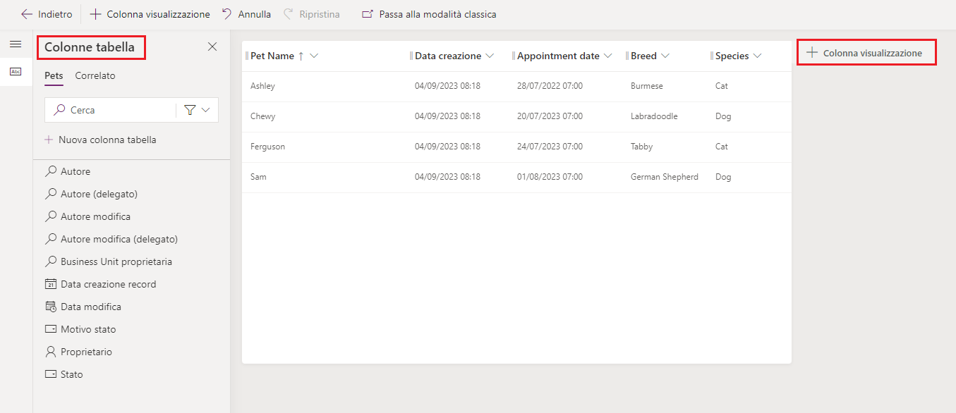 Screenshot della vista tabella che mostra le colonne disponibili e il pulsante + Visualizza colonne evidenziati.