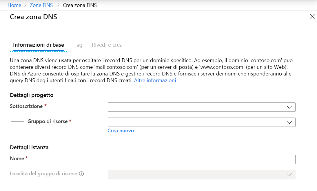 Screenshot of Create DNS zone page.