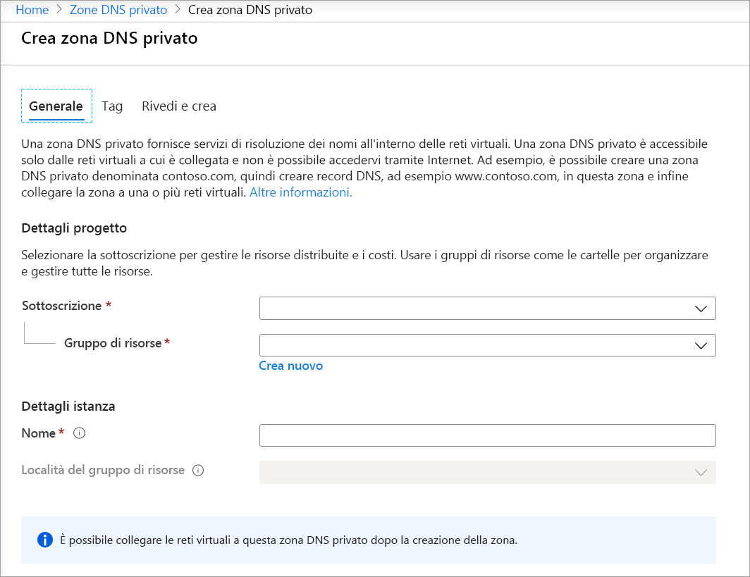 Screenshot of the Create Private DNS zone page.