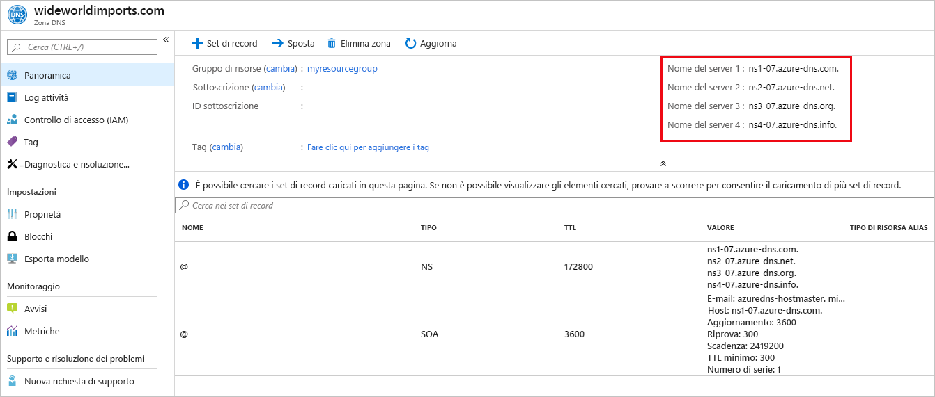 Screenshot of the name server details on the DNS zone page.