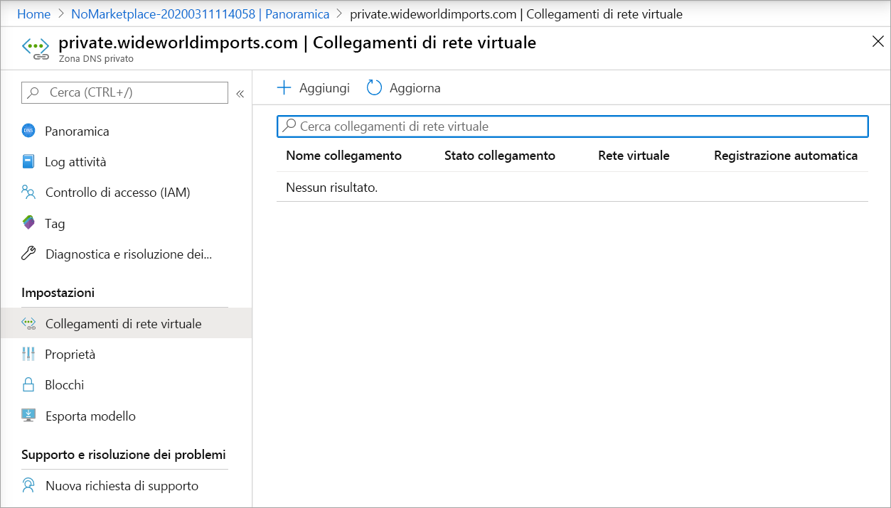 Screenshot of the Virtual Network Links page in a private DNS zone.