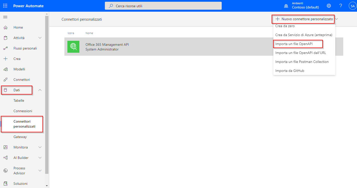 Screenshot della pagina Dati > Connettori personalizzati di Power Automate con il menu Nuovo connettore personalizzato espanso e l'opzione Importa un file OpenAPI evidenziata.