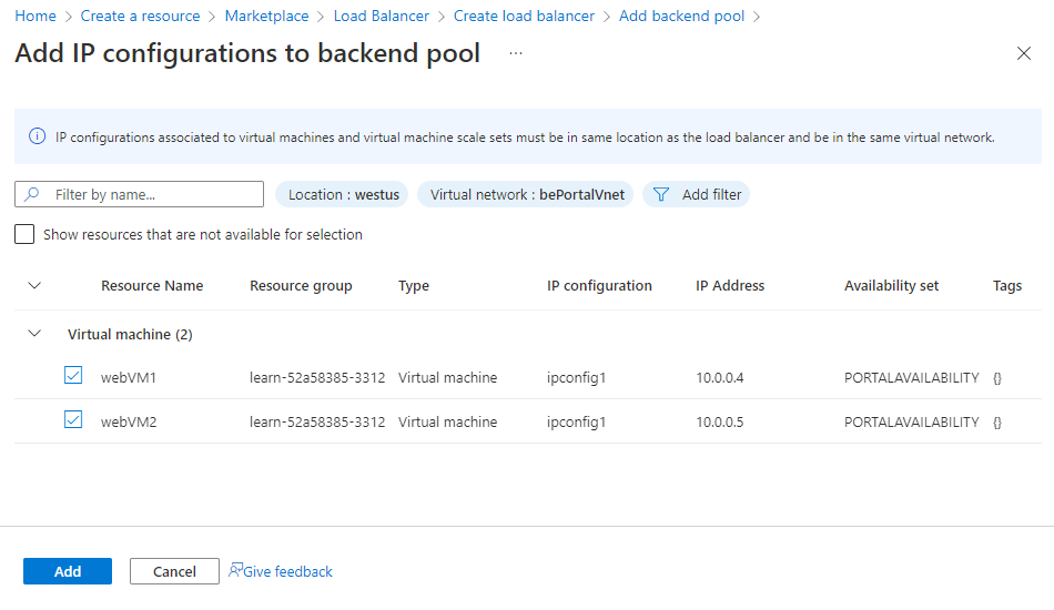 Screenshot che mostra le impostazioni nel riquadro Aggiungi configurazioni IP al pool back-end.