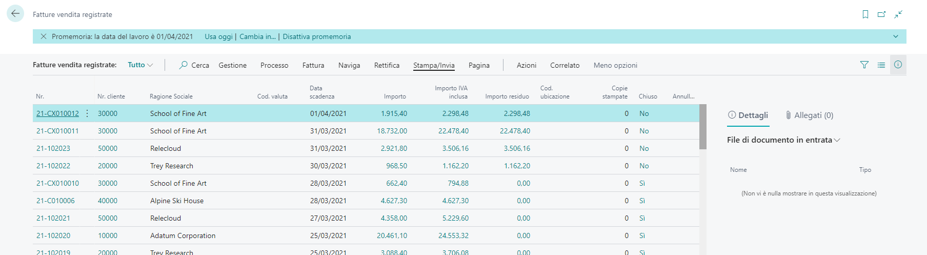 Screenshot di come usare l'azione Stampa/Invia per inviare documenti ai clienti.