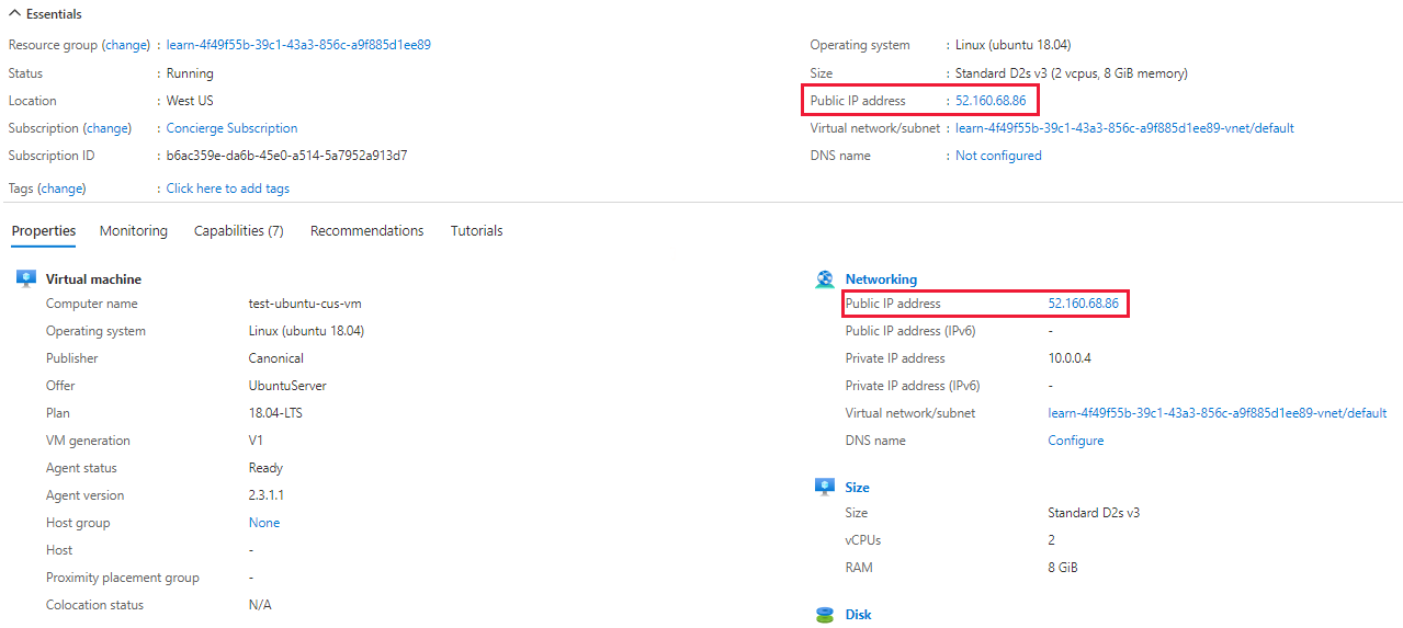 Screenshot showing VM essentials and properties with the public IP address highlighted.