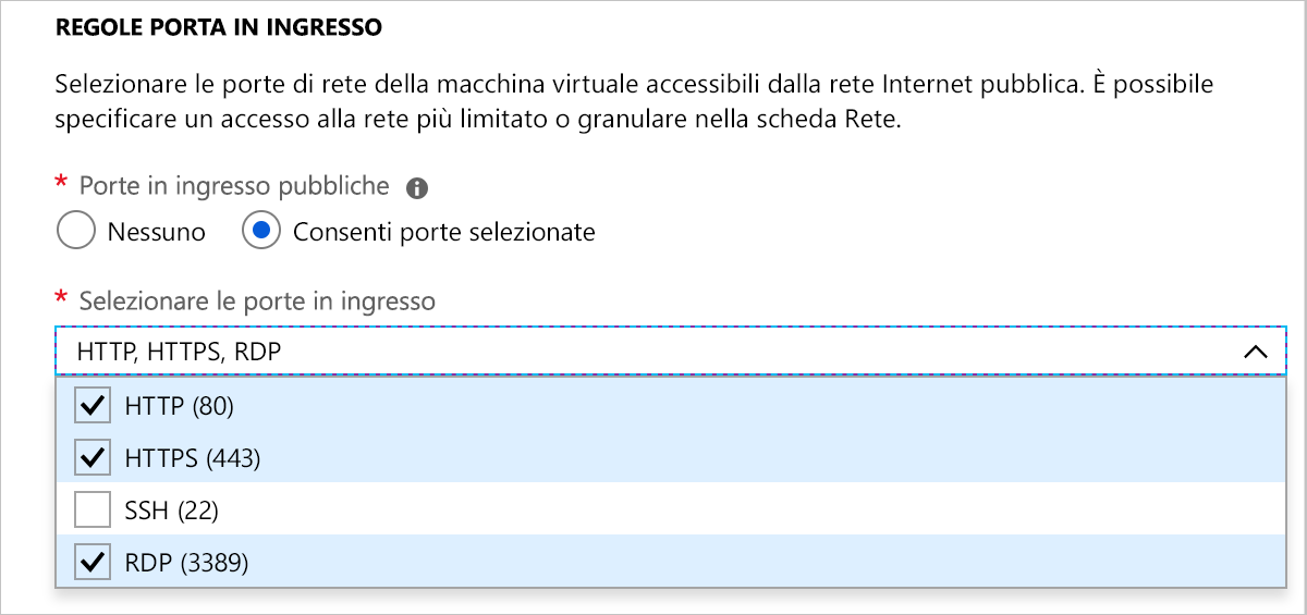 Screenshot della sezione Regole porta in ingresso che mostra la selezione di HTTP, HTTPS e RDP.